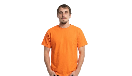 Full-length photo of Brett Parrett, a 34-year-old missing man from Stephenson, Michigan, standing against a white studio background.